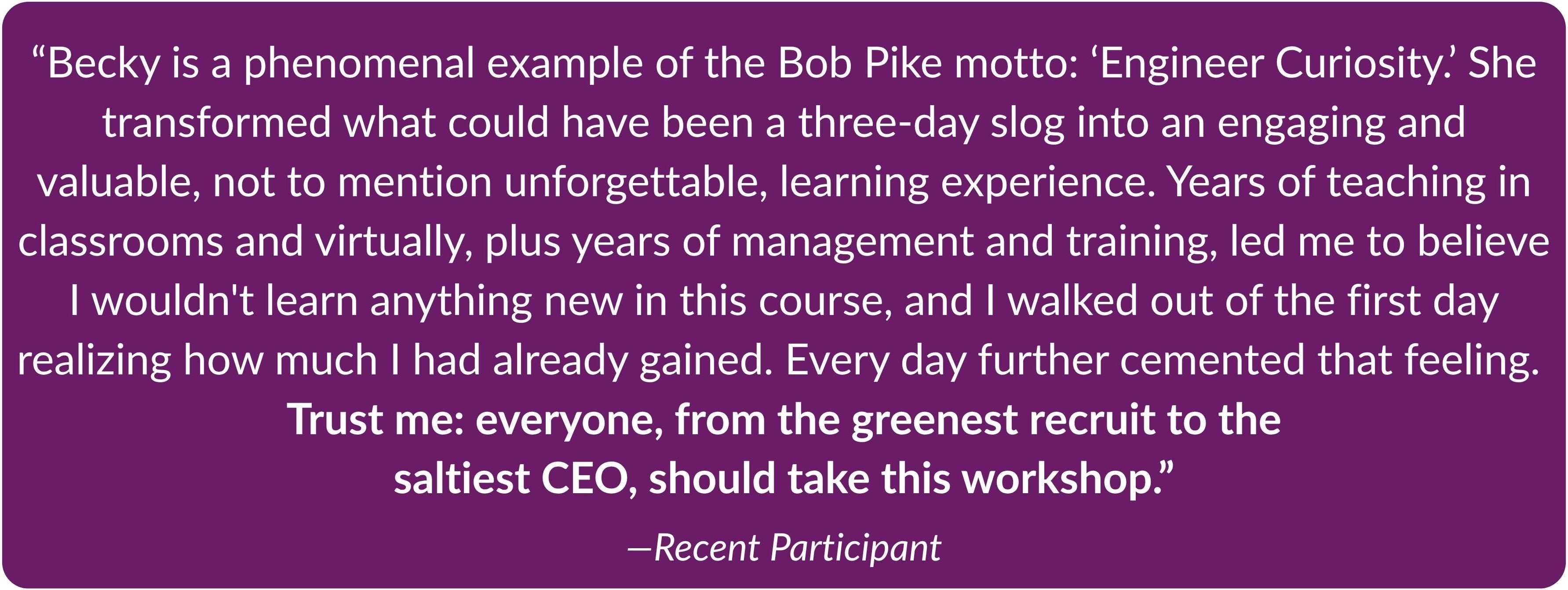 Bob Pike Group Train the Trainer Expert Boot Camp Plus Store Web Site Testimonial Apr 2026